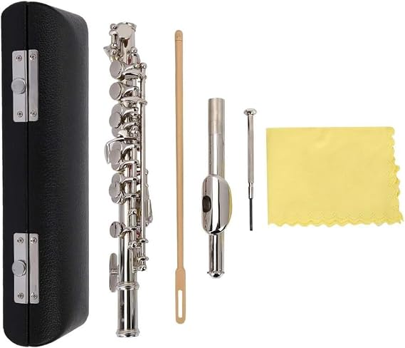 Dilwe Flute Instrument, 16 Hole Silver Plated C Piccolo With Screwdriver PU Leather Box Cleaning Tool Set, Detachable Piccolo Instrument for Beginners Students with Hard Case(Silver)