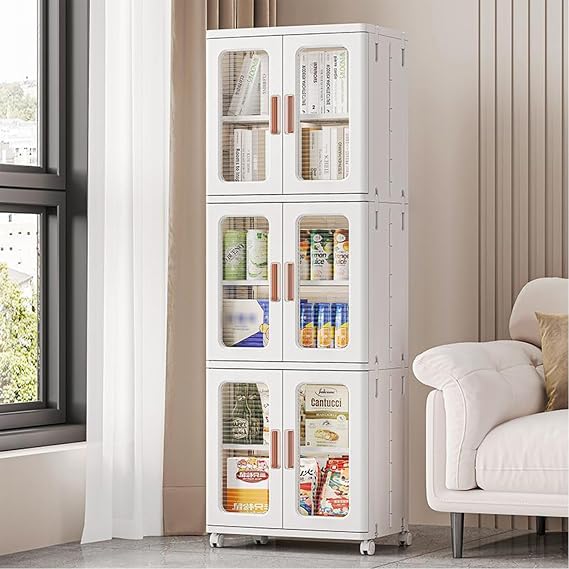 Foldable Storage Boxes Large Stackable Organiser Storage Multifunctional Storage Container 3 Tier Plastic Storage Containers Cabinet Containers with Doors Wheels A 53 x 36 x 155 cm