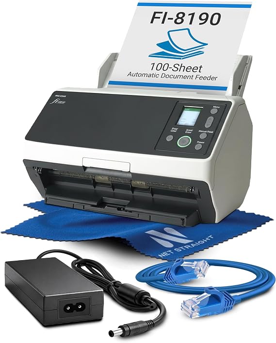 fi-8190 Document Scanner - 90ppm High Speed Duplex ADF Scanner - 100 Sheet Feeder - Network Ethernet + USB - Enterprise Departmental Workgroup - PaperStream Software - TAA Compliant