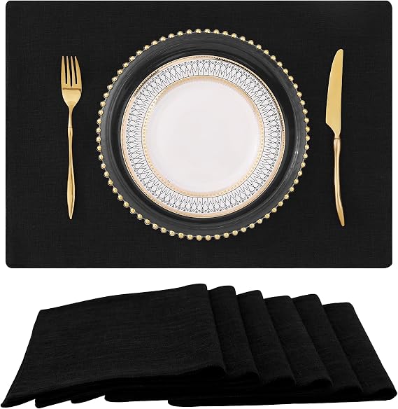 homing Faux Cotton Linen Placemats Set of 6, Cloth Washable Farmhouse Dining Table Mats for Indoors & Outdoors, Easy to Clean, Black, 13 x 19 Inch