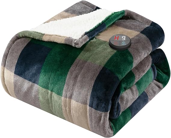 GOTCOZY Heated Blanket 50"x60"- Cozy Warm Electric Throw(Check GreenBlue) | Soft Flannel & Sherpa Fabric Heated Throw Blanket,Multiple Heat & Timer Settings,Overheat Protection,Easy to Operate