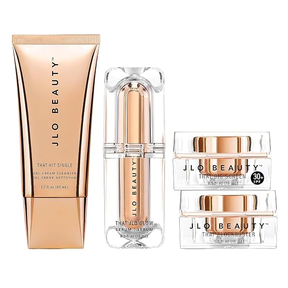 JLO BEAUTY That JLo Essentials Skin Care Kit, Includes Glow Face Serum, 1.5 fl oz, Gel Cleanser, 5 fl oz, Face Cream, 1.7 fl oz, Broad Spectrum SPF Face Moisturizer, 1.7 fl oz, Protect & Hydrate Skin