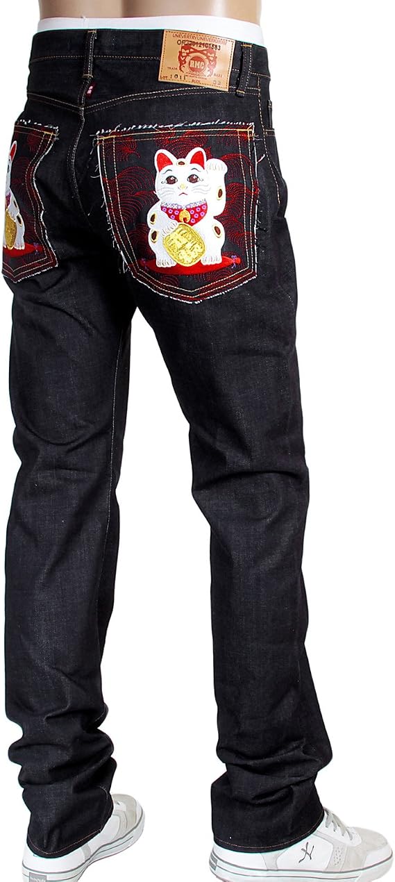 RMC Jeans Mens Embroidered Lucky Cat Maneki Neko Japanese Selvedge Denim Jeans RMC4115