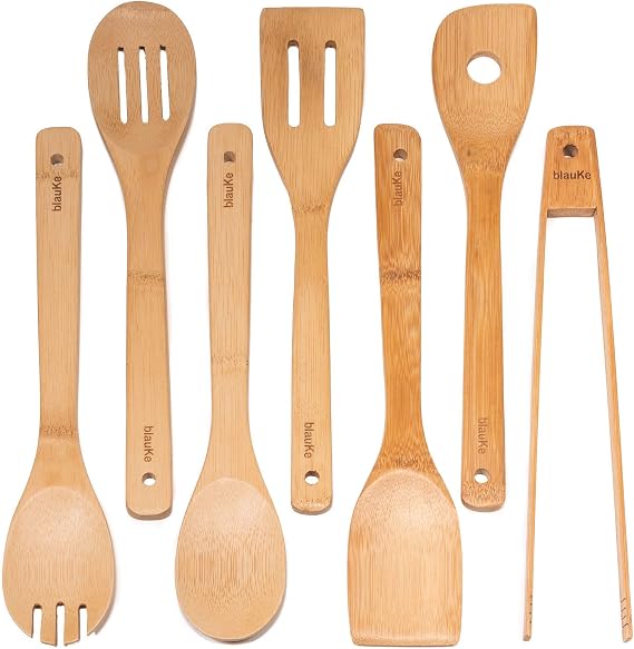 BlauKe® Wooden Kitchen Utensils Set of 7 – Bamboo Cooking Utensils for Non-Stick Cookware – Wooden Spatulas for Cooking, Wooden Spoons, Tongs