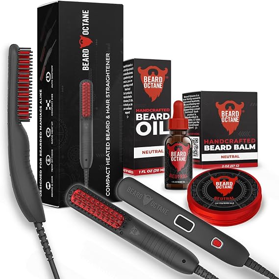 Beard Straightener for Men (Corded) Ceramic Heated Brush Kit with Beard Oil & Unscented Beard Balm Smooths & Styles Beards Beard Octane