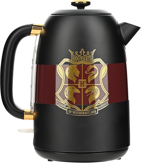 Warner Brothers Harry Potter 1.7L 1500W Electric Kettle by Select Brands - Features Water Window, Auto Shut Off, Boil Dry Protection, 360 Degree Rotating Base, Black and Gold, WBH-677KE