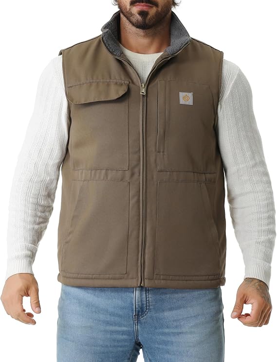TUAOVA Men's Loose Fit Washed Duck Fleece-Lined Mock-Neck Vest