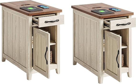 LINSY HOME Set of 2 Charging End Tables with USB, Wooden Door, Washed Grey