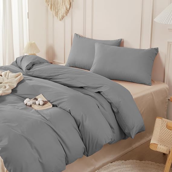 SAPHREAS Grey Duvet Cover Set 100% Washed Cotton Double Size 3Pcs 8 Corner Ties Modern Solid Bedding Soft 1 Duvet Cover with Zipper 2 Pillow Shams, Comforter Not Included