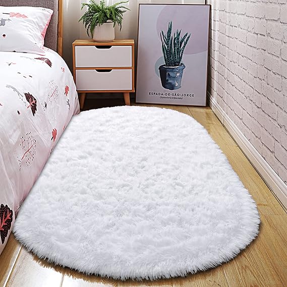 junovo Ultra Soft Washable Shaggy Rug - Non-Slip Oval Carpet for Nursery, Kids Bedroom & Home Decor (2.6x5.3ft White) | Plush Fluffy Floor Mat for Cozy Living Spaces