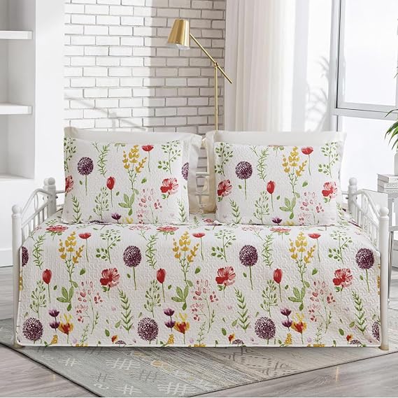 Jarson 3 Pcs Floral Daybed Cover Set Twin Size Purple White Dandelion Flower Sofa Cover Bedding Sets Double Side Bed Set for All Season Botanical Pattern Daybed Quilt Set with Pillow Shams