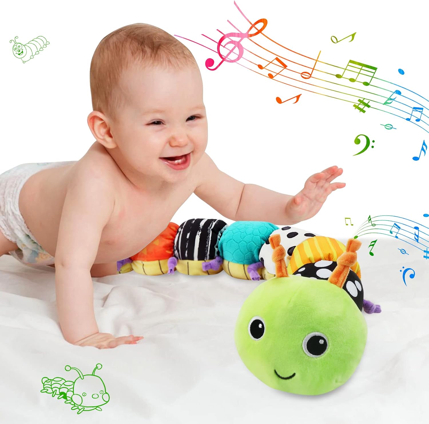 Infant Baby Musical Caterpillar Toys with Multi-Sensory Crinkle Rattle and Textures Activity Soft Toys for Tummy Time Newborn Boys 0-3-6-12 Months Boys, Girls