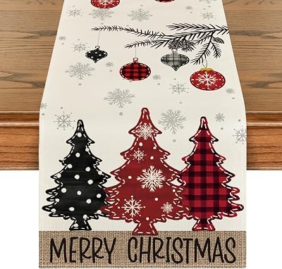 Artoid Mode Red Pine Trees Merry Christmas Table Runner, Winter Xmas Holiday Kitchen Dining Table Decoration for Home Party Decor 13x72 Inch
