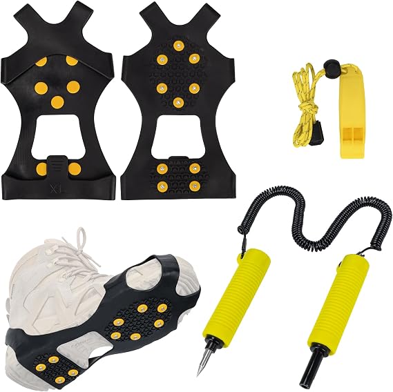 QualyQualy 3Pcs Ice Fishing Safety Kit - Retractable Ice Picks & Safety Whistle,Ice Cleats for Boots with 8/10 Spikes Traction Slip-on Ice Grips, Emergency Gear for Ice Fishing, Snow, Skating, Hiking