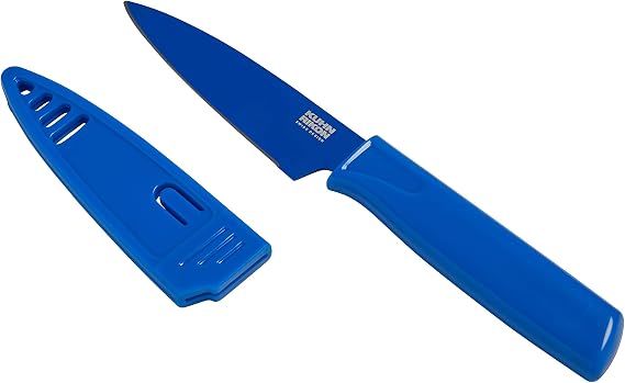 Kuhn Rikon Colori Paring Knife 4 Inch Japanese Stainless Steel, Nonstick Blade, Ergonomic Handle & Sheath, Blue
