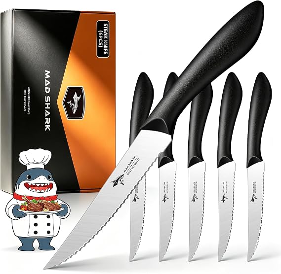 MAD SHARK 4.72 Inch Serrated Steak Knives Set of 6, Ultra Sharp for Steak