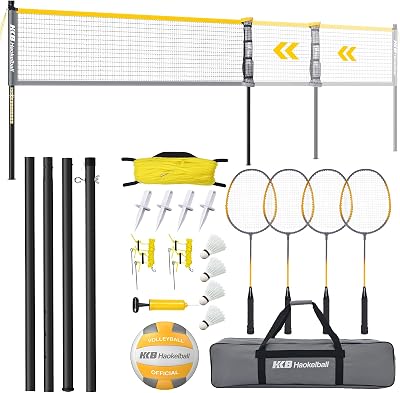 Haokelball Width Adjustable Volleyball and Badminton Combo Set Outdoor Volleyball Net for Backyard with Adjustable Poles, 4 Badminton Rackets, 4 Nylon Shuttlecocks, Volleyball, Pump and Carry Bag