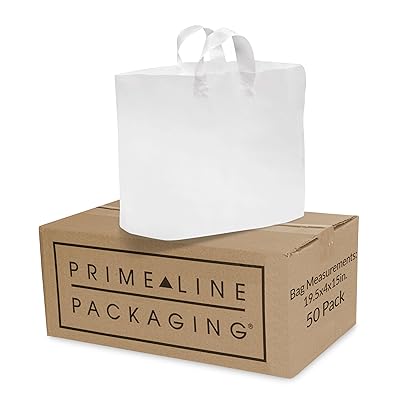 Prime Line Packaging Plastic Shopping Bags, Reusable White Bags Extra Large with Handles for Small Business, Boutique, Retail Use, Heavy Duty, 19.5x4x15, 50 Pack