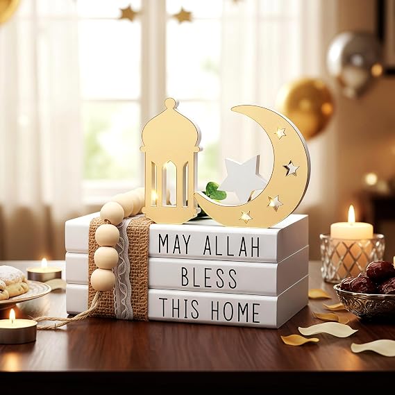 Blulu Islamic Wooden Tiered Tray Decor White Book Stack Golden Moon and Beads Start with Bismillah End with Alhamdulillah for Farmhouse Eid Muslim Ramadan Home Tabletop Art Decor (Bless This Home)