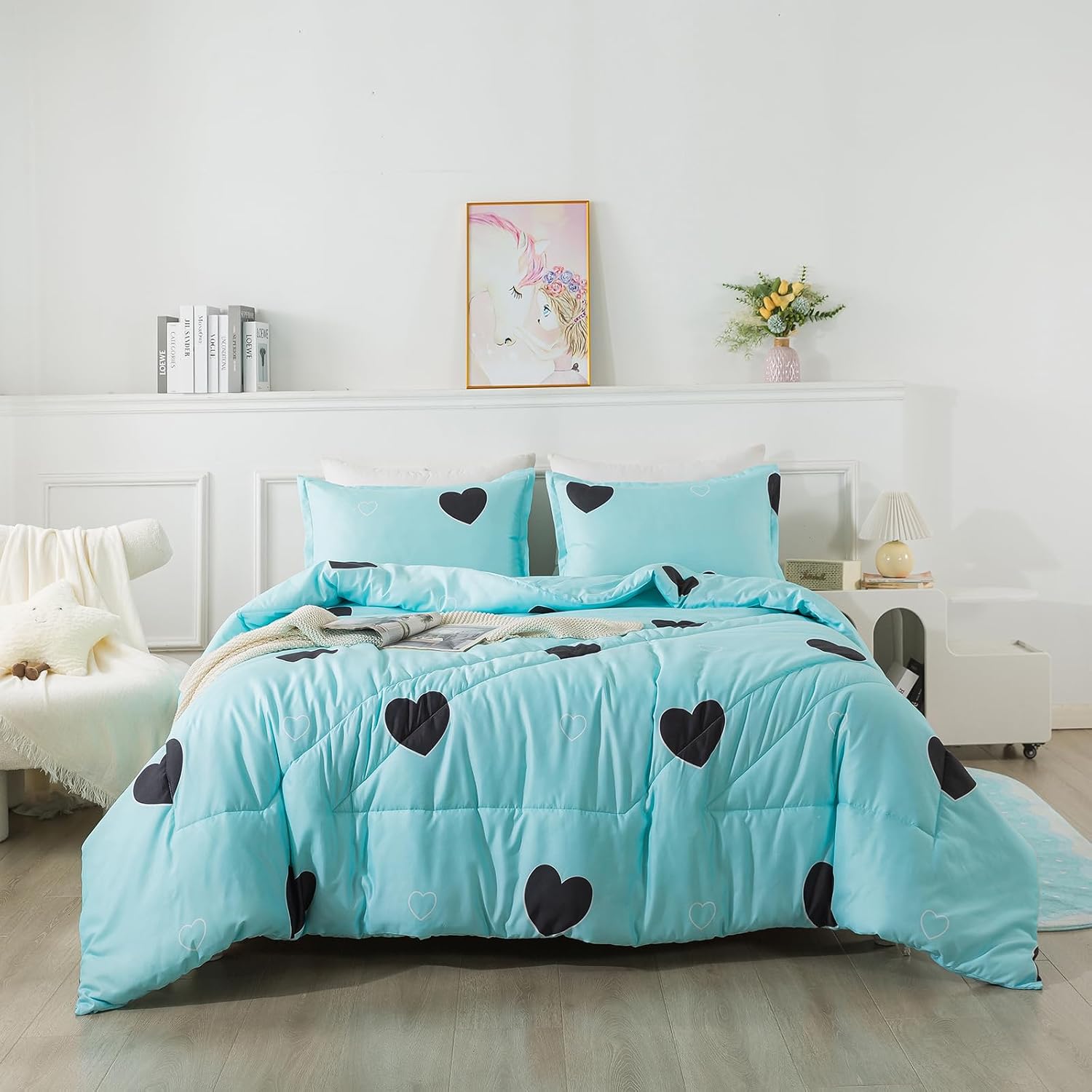 Caressma Love Pattern Girls Comforter Set Full Size, Sky Blue Cute Love Heart Print Comforter Bedding Set for All Seasons, Geometric Soft Microfiber 3 Pieces Comforter Set with Pillowcases
