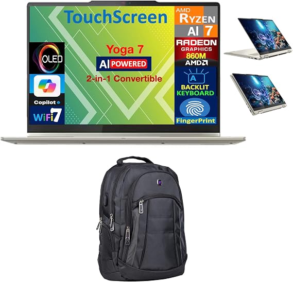 Lenovo Yoga 7 AI Powered 2-in-1 Laptop 14.0" Touchscreen OLED WUXGA Display (AMD Ryzen AI 7 350, 16GB LPDDR5X, 2TB M.2 PCIe SSD, Backlit KB, Fingerprint, WiFi 7, Win 11 Home) w/Premium Backpack