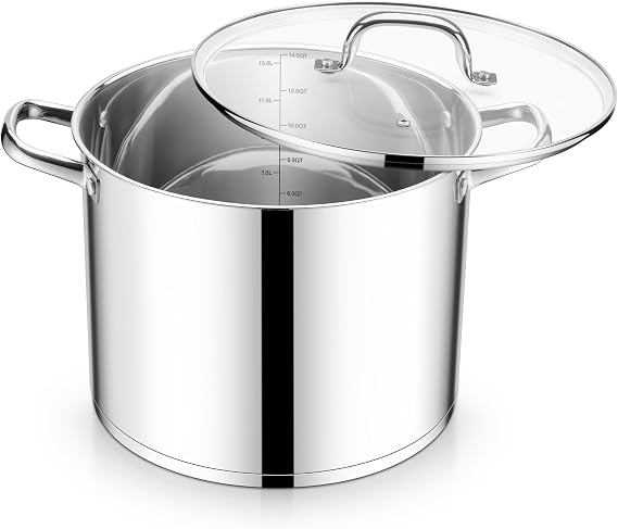E-far 14 Quart Stainless Steel Pot, Induction Stockpot with Glass Lid