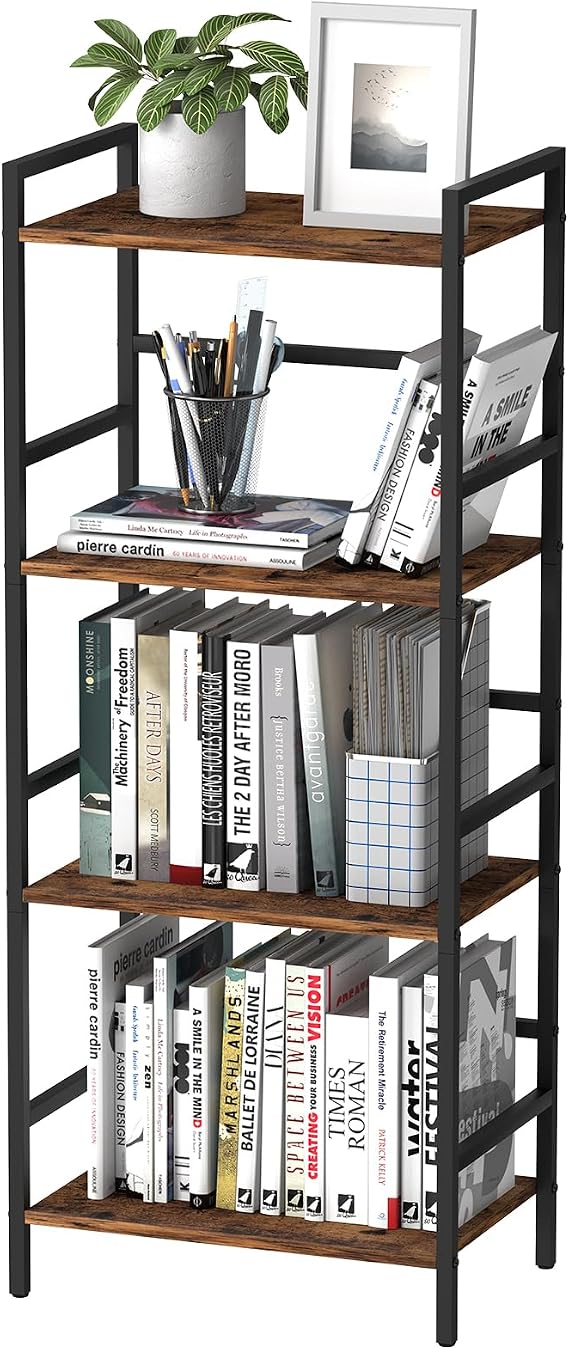 CADUKE 4 Tier Bookshelf with Storage, Brown Open Etagere Bookcase | Wood, Metal, Industrial Style, Free Standing, Brown Bookshelves for Living Room Bedroom Office