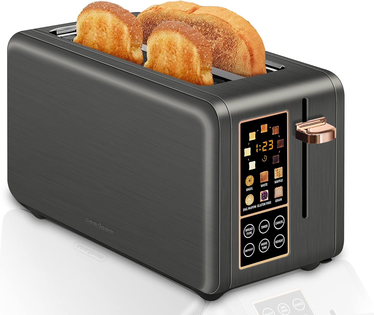 SEEDEEM Toaster 4 Slice, Long Slot Toaster with LCD Display Touch Buttons, 7 Shade Settings, 6 Bread Selection, Stainless Steel Toaster for Bagel, Removable Crumb Tray, 1400W, Dark Metallic