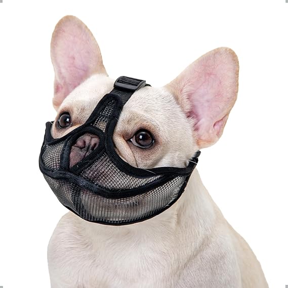 French Bulldog Muzzle Won't Cover Forehead Dog Muzzle for Short Snout Dog Anti Biting Chewing Barking Adjustable Breathing Mesh (S Black)