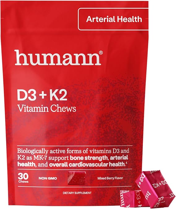 HumanN Vitamin D3 + K2 Chews, Mixed Berry Flavor, 30 Count | Arterial Health, Bone Strength, High Potency Vitamin D 5000 IU (125mcg), Non-GMO, One Chew Daily, For Adults, Made in USA