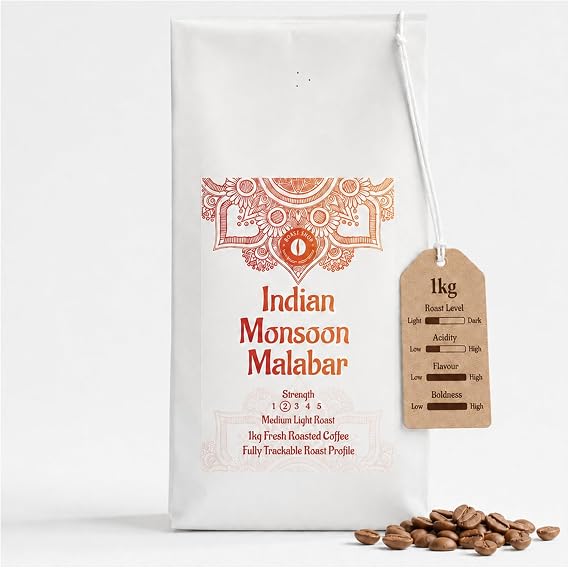 Roast Shop Coffee, 1kg Beans Freshly Roasted Indian Monsoon Malabar Arabica, Single Origin, Seasonal Source, Light Roast