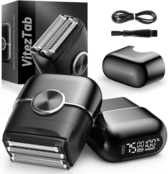 Foil Shaver Electric Razor: Mini Electric Shaver for Men with 4 Floating Blades, 2 Gears Adjustable, IPX7 Waterproof, Big LED Display, USB-C