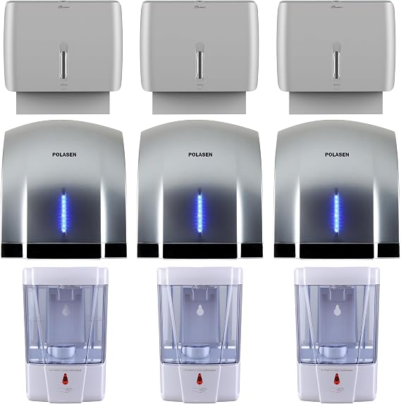 Commercial Bathroom Set 3 Hand Dryers + 3 Automatic Soap Dispensers + 3 Wall Mounted Paper Towel Dispensers, 9-Piece Hygienic Restroom Bundle for Office, Restaurant, Hotel, School