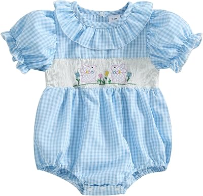 Gueuusu Newborn Baby Girl Easter Outfit Bunny Embroidery Smocked Bubble Romper Short Sleeve One Piece Bodysuit Infant Clothes