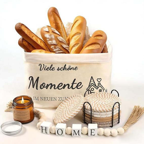 Housewarming Gifts House Set Gift for Housewarming Includes with Bread Basket 8 Pieces Drink Coasters with Holder Glasses Scented Candle in Glass Beads with Blocks and the H-O-M-E Form