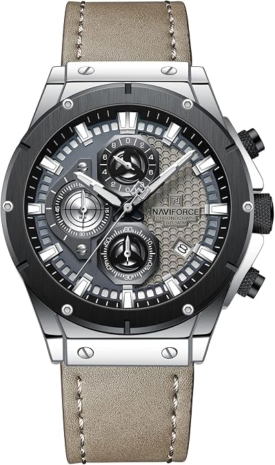 NAVIFORCE Fashion Genuine Leather Chronograph Quartz Watch for Men Auto Date Sport Waterproof Analog Wrist Watches (Silver Gray)