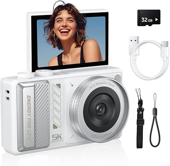 5K Digital Camera for Photography, 2026 Latest 80MP Autofocus WiFi Vlogging Camera for YouTube, 3'' 180 Flip Screen Compact Travel Camera for Beginners with 16X Zoom, 32GB TF Card, Flash (White)