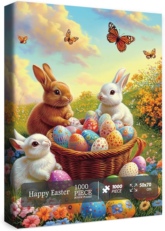 Bunny Easter Eggs Puzzle for Adults 1000 Pieces, Cute Easter Rabbit Jigsaw Puzzle, Colorful Flower Butterfly Floral Puzzle