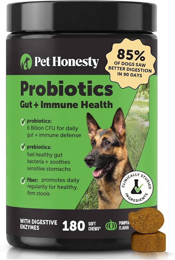 Pet Honesty Dog Probiotics Chews for Gut & Digestive Health, 180ct, Pumpkin | Vet recommended probiotics for dogs with digestive enzymes, prebiotics and fiber for regularity, gentle on sensitive stomachs