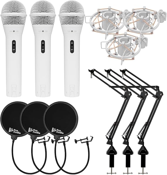 Samson Q2U Dynamic USB Microphone (White, 3-pack) Bundle with 3 x Shockmounts, 3 x Boom Arms and 3 x Pop Filters (12 items)