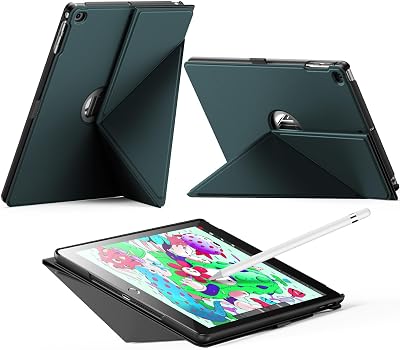 INFILAND Case for iPad 6th  5th Generation 20182017 iPad 9.7 Inch case, iPad Air 2  Air 1 Magnetic Origami Slim Cover with Pencil Holder, Multi-Angle Stand, Auto WakeSleep Midnight Green
