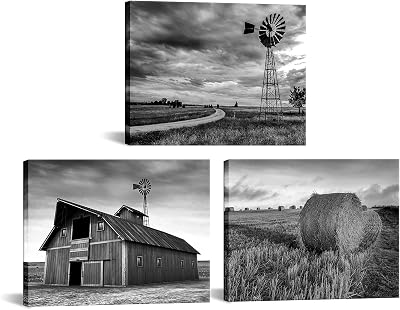 Apicoture Farmhouse Wall Art Windmill Barn Picture Wall Decor Framed Canvas Prints Rustic Black and White Country Landscape Painting 12x16x3 Pieces