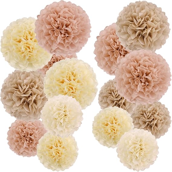 Easy Joy Pack of 15 Paper Flowers Pom Poms in Beige &amp; Pink