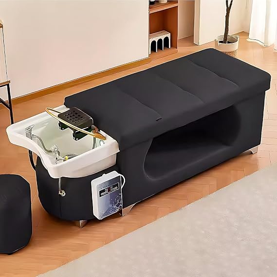 Head SPA Bed - Massage Shampoo Bed (Waterfall Head SPA Equipment) (Head Fumigation Set) (Light Therapy), Black Modern Leather Design