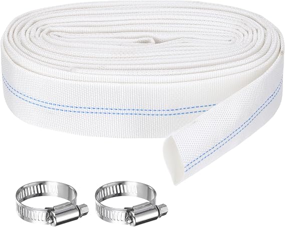 Pool Backwash Hose, 1 Inch x 98.4ft Reinforced Drain Hose PVC Lay Flat Water Discharge Pump Hoses for Pool Filter Swimming Pump, with 2pcs Clamps, White