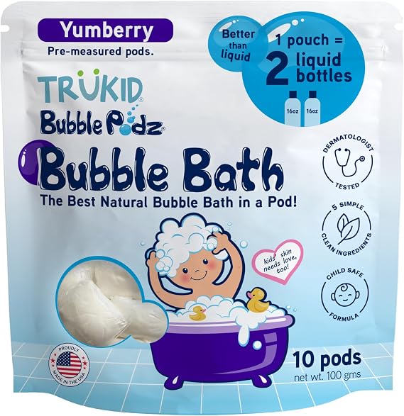 TruKid Bubble Podz Bubble Bath for Kids, Toddlers, Babies, Tear Free Gentle & Refreshing Bath Bomb for Sensitive Skin with Natural Moisturizers, Non-Toxic, pH Balanced, Yumberry Scent (10 Podz)