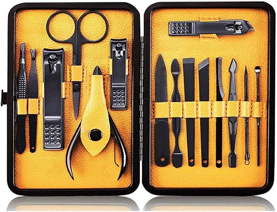 Nail Clippers Sets High Precisio Stainless Steel Nail Cutter Pedicure Kit Nail File Sharp Nail Scissors and Clipper Manicure Kit Fingernails & Toenails with Portable Stylish case (Yellow 15-Pieces)