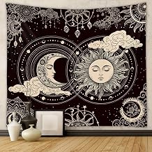 Jhdstore Sun and Moon Tapestry for Bedroom Aesthetic Black Dark Spiritual Tapestries Mystic Burning Sun with Clouds Star Tapestry Wall Hanging decor (51" x 59")