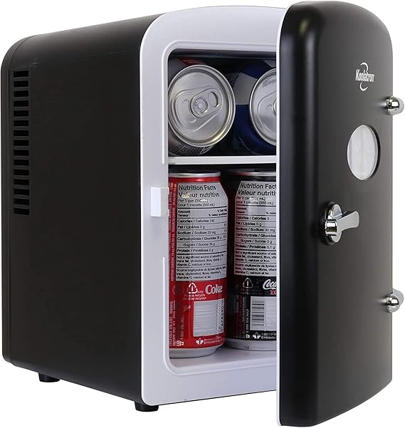 Koolatron Mini Fridge- Black Refrigerator 6 Can Portable Cooler for Bedroom Office Dorm Car Compact Fridge for Drinks Makeup Skincare Dual Power 12V 110V