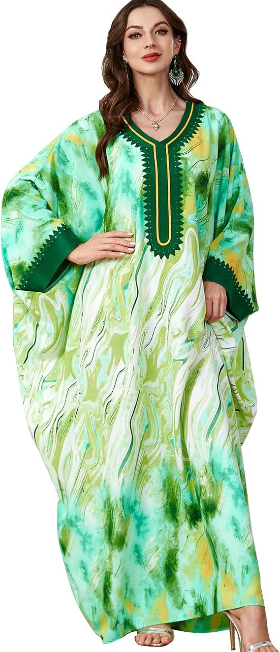 Flygo Muslim Abaya for Women Maxi Long Dresses Dubai Pendant Bat Sleeves Turkey African Caftan Kaftan Daily Casual One Size, Green Printed